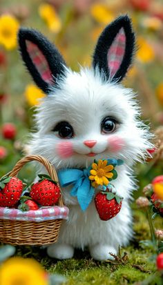 a small white rabbit sitting next to a basket filled with strawberries