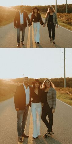 three people are walking down the road holding hands and smiling at the camera, while another person is standing behind them