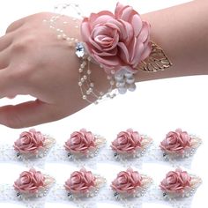 a woman's hand with pink flowers and pearls on it, surrounded by bracelets