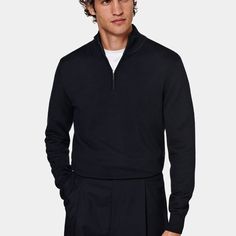 A simple staple knit that brings anything you pair with it a casual touch, this navy half-zip cardigan features a ribbed hem and cuff, and zippable mock neck collar. Navy Polo Shirt, Zip Cardigan, Half Zip Sweaters, The Navy, Style Expert, Zip Sweater, Neck Collar, Fashion Advice, Half Zip