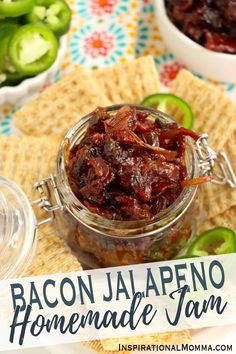 bacon jalapeno homemade jam in a jar surrounded by crackers and peppers