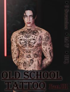 a man with tattoos on his chest standing in front of a neon sign that reads old school tattoo part ii