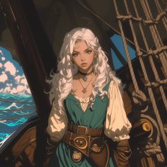 a woman with long white hair standing in front of a boat