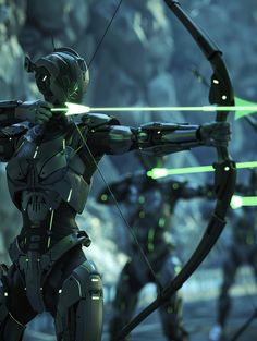 an animated image of a futuristic soldier aiming at something with green light coming from his bow