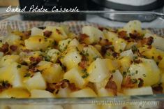 a glass casserole dish filled with potatoes and bacon