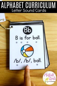 an alphabet letter sound card with a hand pointing at it and the words b is for ball