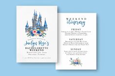 the disney castle wedding program is displayed on a blue background