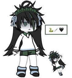 an anime character with long black hair and green eyes, standing next to another character