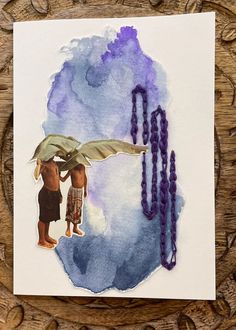 a watercolor painting of two people holding an umbrella with beads on the bottom and one standing under it