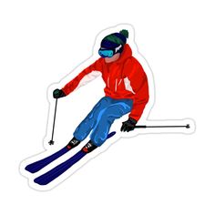 the skier is wearing a red jacket and blue pants, while he skis down the slope