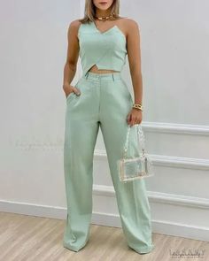 Lasaky - Asymmetric Collar Crop Top and Wide Leg Pants Set Elegant Skirt Outfits, Collar Crop Top, Top And Wide Leg Pants, Chic Type, Elegant Skirt, Women Formals, Top Pants Set, Pantalon Large, Asymmetrical Tops