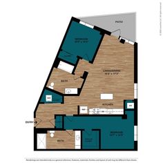 an apartment floor plan with one bedroom and two bathrooms