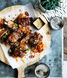 an overhead view of some food on a cutting board