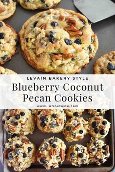 blueberry coconut pecan cookies on a baking sheet with the title text above it