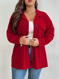 Red Casual Collar Long Sleeve Corduroy Plain Shacket Embellished Non-Stretch  Women Plus Clothing Red Corduroy Jacket Outfit, Corduroy Jacket Outfit, Red Corduroy Jacket, Plus Size Coats, Kids Sleepwear, Casual Jacket, Long Sleeve Casual