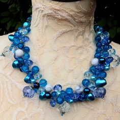 Sky Blue Designer Inspired Unique Statement Cluster Necklace - Chunky Colorful Gift for Her Light Blue Round Bead Necklaces For Party, Light Blue Beaded Necklaces For Party, Blue Multi-strand Jewelry With Large Beads, Blue Polished Beads Jewelry For Party, Blue Polished Beads Party Jewelry, Blue Polished Bead Jewelry For Parties, Blue Faceted Beads Necklace For Party, Blue Faceted Bead Necklace For Party, Blue Glass Beaded Chain Jewelry