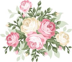 a bouquet of pink and white roses with green leaves