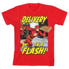 a red t - shirt with the flash running and delivering delivery in a flash sign