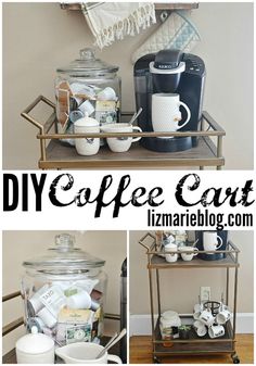 there is a coffee cart with cups and mugs on it, along with the words diy coffee cart