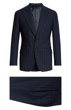 Pinstripes point up the precision tailoring of this structured suit cut from sumptuous wool in a single-breasted silhouette and framed with wide peaked lapels. Jacket has two-button closure; peaked lapels; four-button cuffs; chest welt pocket; front flap pockets; ticket pocket Trousers have zip fly with button-tab closure; front slant pockets; back button-welt pockets; adjustable waist Jacket is partially lined Trousers are unhemmed 100% wool Dry clean Made in Italy Designer Clothing Elegant Striped Double-breasted Suit For Office, Elegant Pinstripe Double Breasted Suit For Work, Tailored Striped Double Breasted Suit For Business Casual, Tailored Striped Double-breasted Suit For Business Casual, Elegant Striped Double Breasted Suit For Semi-formal Occasions, Classic Striped Double Breasted Suit For Work, Striped Double Breasted Suit With Notch Lapel, Elegant Striped Double Breasted Suit For Business, Classic Tailored Pinstripe Double Breasted Suit