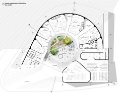 an architectural drawing of a circular building with lots of trees and plants on the ground