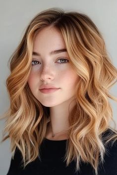 Woman with wavy, shoulder-length blonde hair, light freckles, and a neutral expression. Amber Blonde Hair, Honey Blonde With Dark Roots, Soft Honey Blonde, Honey Ginger Hair Color, Honey Colored Hair, Honey Blonde Hair Ideas, Gorgeous Blonde Hair, Blonde Balayage Honey, Mama Hair