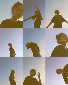 multiple shots of a woman with her arms in the air and hands out to the sky