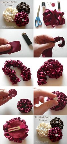 the instructions for how to make an easy flower hairclip with ribbon and pearls