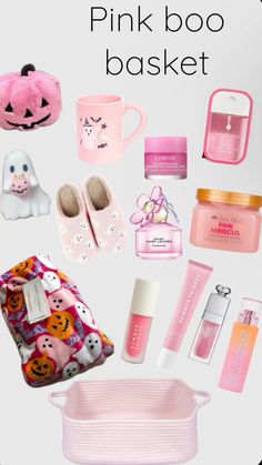 the pink boo basket is filled with items like shoes, slippers, and makeup