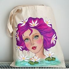 Lotus Girl Tote Bag | Girl Illustration Tote | Painted Tote  | Birthday Day Gift Artsy Handmade Canvas Bag Perfect For Gifts, Artsy Handmade Canvas Bag For Gift, Hand Painted Tote Bags, Pet Portrait Paintings, Library Bag, Animal Portraits Art, Painted Tote, Girls Tote, Art Tote Bag