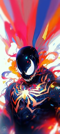 an abstract painting of a spider man with red, yellow and blue colors