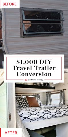 a trailer with the words $ 1, 000 diy travel trailer conversation on it