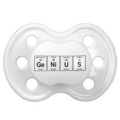 an infant pacifier with the name genius on it