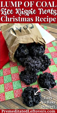 a bag filled with black food sitting on top of a red and green table cloth