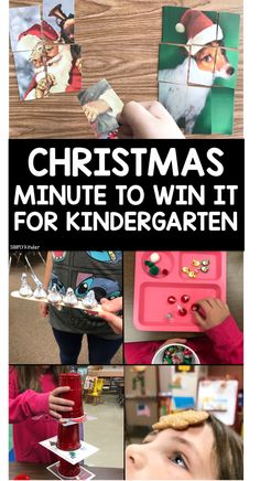 a collage of photos with the words christmas minute to win it for kindergartsten