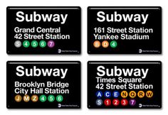 four subway signs are shown in different colors