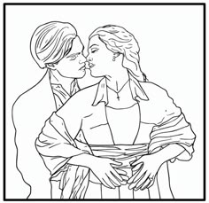 a coloring page with two people kissing each other