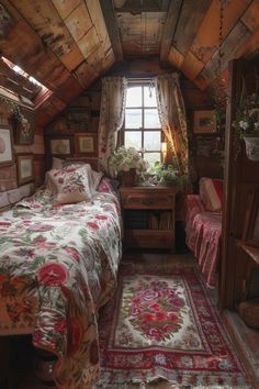 a bed room with a neatly made bed next to a window and rug on the floor