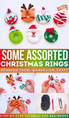 some assorted christmas rings made from crochet and yarn with instructions to make them