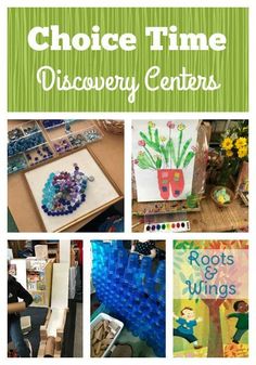 several different pictures with the words choice time discovery centers in green, blue and white