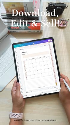 a person is holding an ipad and looking at the calendar on their desk with text overlay