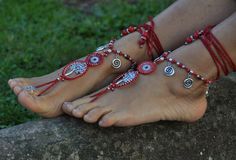 This listing is for a PAIR of barefoot sandals. Beautiful and unique barefoot sandals with a spring vibration. They look great as necklace or on the hands too :) Handmade crocheted with love and care using waxed polyester cord, tree of life tibetan silver links,tibetan silver leaf and peace charms, tibetan silver beads, wooden beads, greek ceramic beads and czech seed beads. The lace is long enough to wrap it 2 times around the leg. These sandals are very resistant and suitable for many environm Traditional Beaded Toe Ring Barefoot Sandals, Traditional Toe Ring Barefoot Sandals For Beach, Traditional Handmade Toe Ring Barefoot Sandals, Traditional Wedding Jewelry For Summer, Traditional Summer Wedding Jewelry, Traditional Handmade Barefoot Sandals For Festivals, Red Bohemian Anklets For The Beach, Red Bohemian Anklets For Beach, Traditional Silver Anklets For Beach