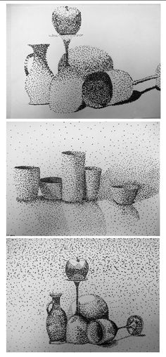 three different views of vases and cups on a table with water droplets all over them