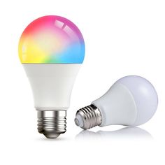 two different types of light bulbs are shown in this image, one is white and the other is multicolored