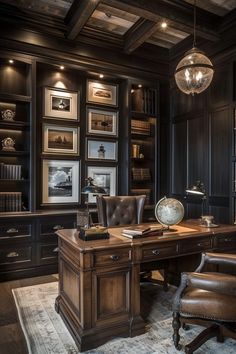 an elegant home office with dark wood paneling and leather chairs