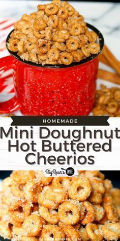 homemade mini doughnuts in a red bowl with text overlay that reads homemade mini doughnuts hot buttered cheerios