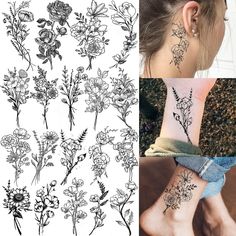 flower tattoo designs on the wrist and behind the ear, with images of flowers in black ink