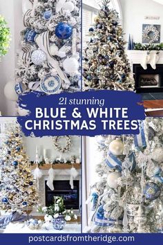 blue and white christmas trees with text overlay that reads 21 stunning blue and white christmas trees