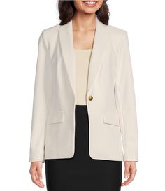 From Donna Karen&#x2C; this jacket features:Woven fabrication Notch lapel Long sleeves Faux pocketsLinedButton front closure Approx. 26" lengthNylon/spandex/polyesterDry clean Imported. Chic Single-breasted Outerwear With Flat Front, Lapel Collar Blazer With Snap Buttons For Work, Office Outerwear With Snap Buttons And Notch Lapel, Notch Lapel Blazer With Snap Buttons For Work, Business Casual Blazer With Lapel Collar And Snap Buttons, Business Casual Blazer With Snap Buttons And Lapel Collar, Tailored Outerwear With Snap Buttons For Office, Career Single-breasted Outerwear With Flat Front, Tailored Workwear Outerwear With Snap Buttons