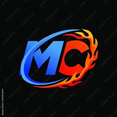 the letter m is made up of fire and blue with orange flames on black background